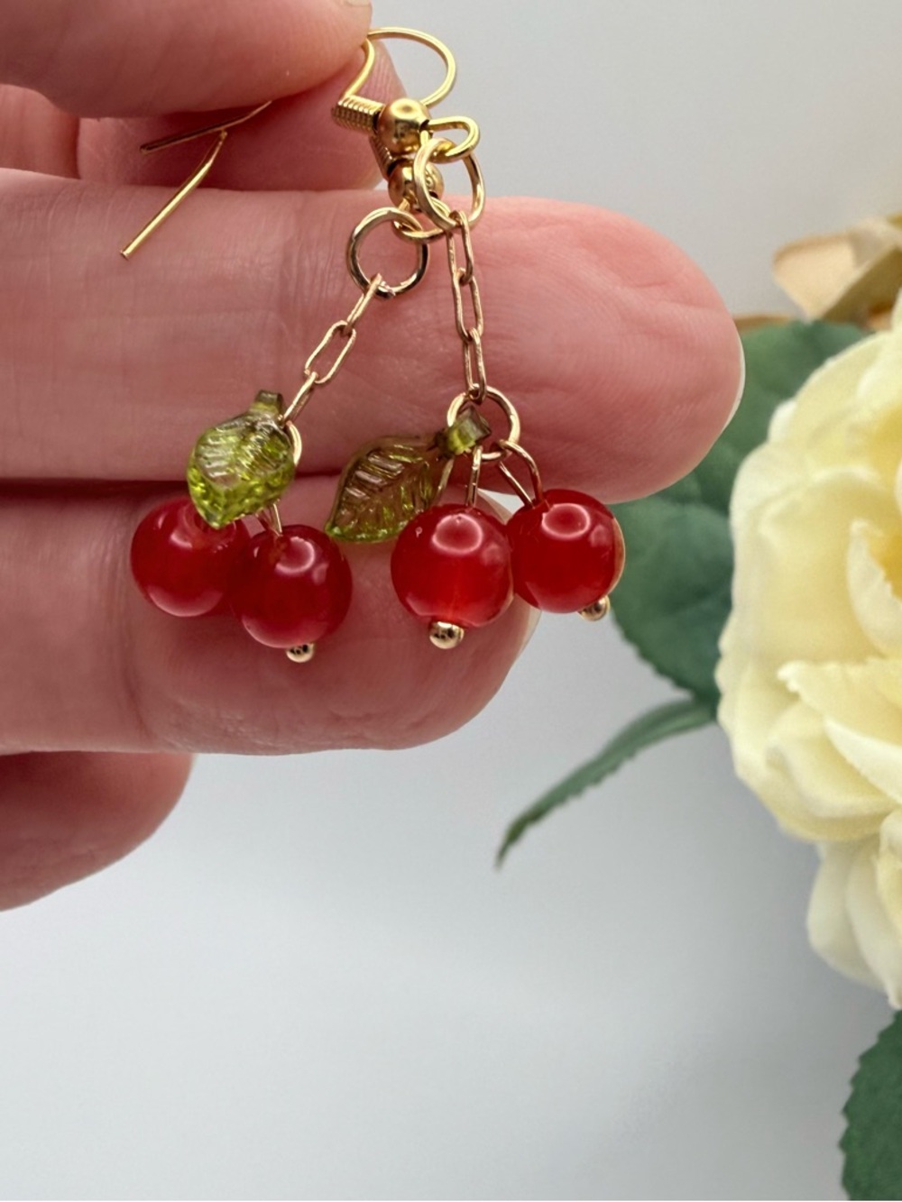 Adorable Red Cherry Dangle Earrings – Dainty & Playful Elegance
